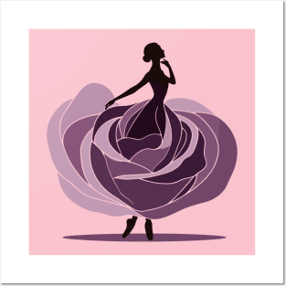 Silhouette of a beautiful ballerina in a purple floral dress, vector illustration, ballet performer Posters and Art